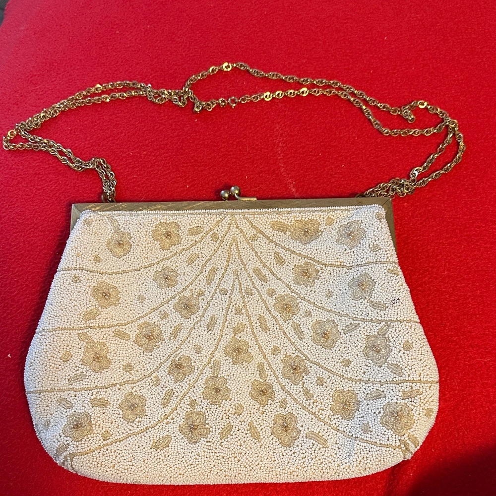Chic Cream Beaded Clutch with Gold Chain